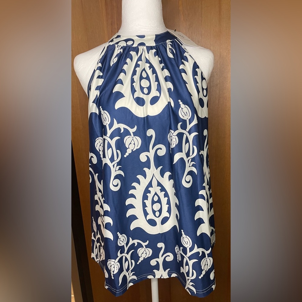 NWT Loveu.Dear Elegant Navy and White Halter Blouse Women’s Size Small